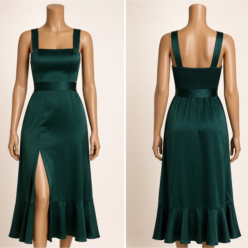 Show Me Your Mumu Claire Midi Dress Womens Small Deep Emerald Luxe Satin Smocked